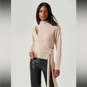 ASTR The Label Sora Mock Neck Cutout Tie Waist Sweater